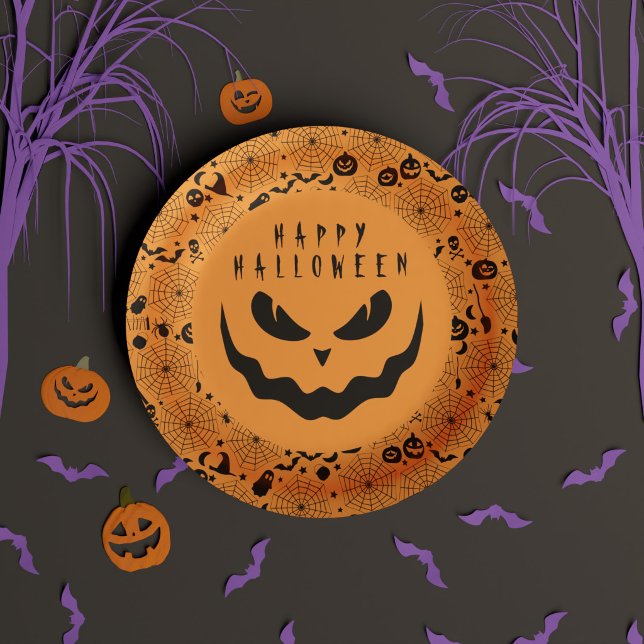 Happy Halloween Black and Orange Jack o Lantern Paper Plates (Happy Halloween Black and Orange Jack o Lantern Paper Plates)