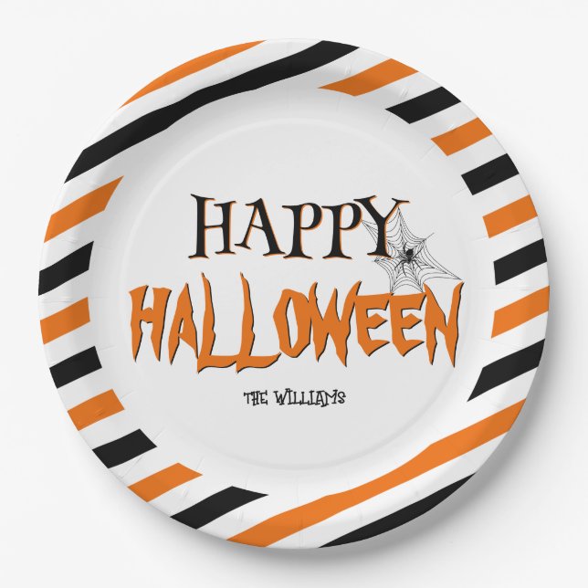 Happy Halloween Black And Orange Pattern Paper Plates (Front)