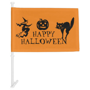 Happy Halloween black and orange spooky Car Flag