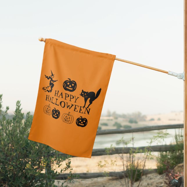 Happy Halloween black and orange spooky decor House Flag (Insitu (Back))