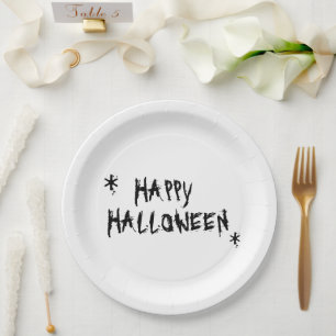 Happy Halloween black and white scary typography Paper Plates