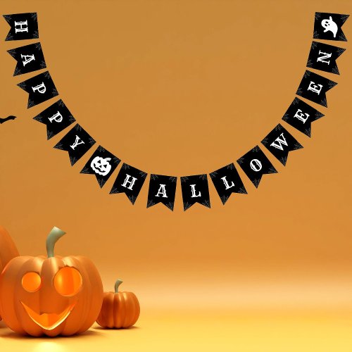 Happy Halloween Black and White Spider Web Pattern Bunting Flags