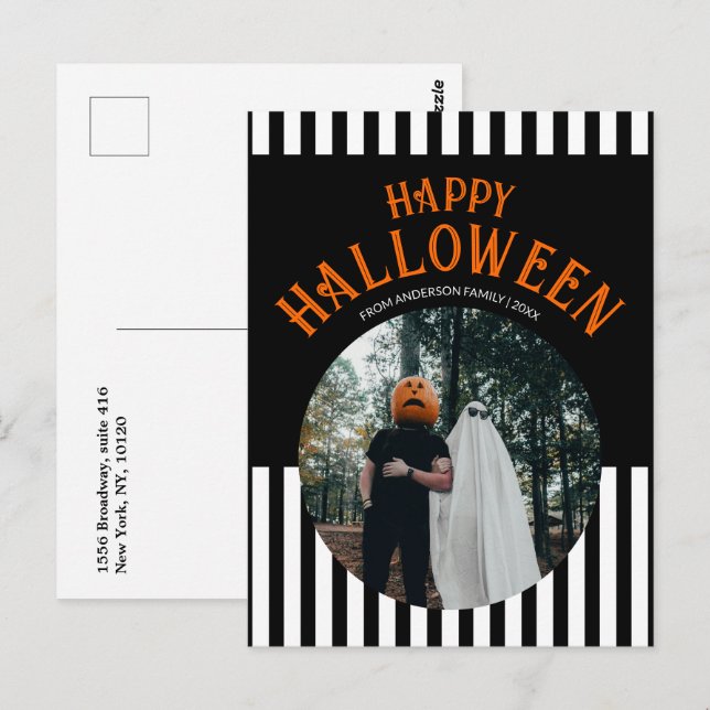 Happy Halloween Black and White Striped Photo Postcard (Front/Back)