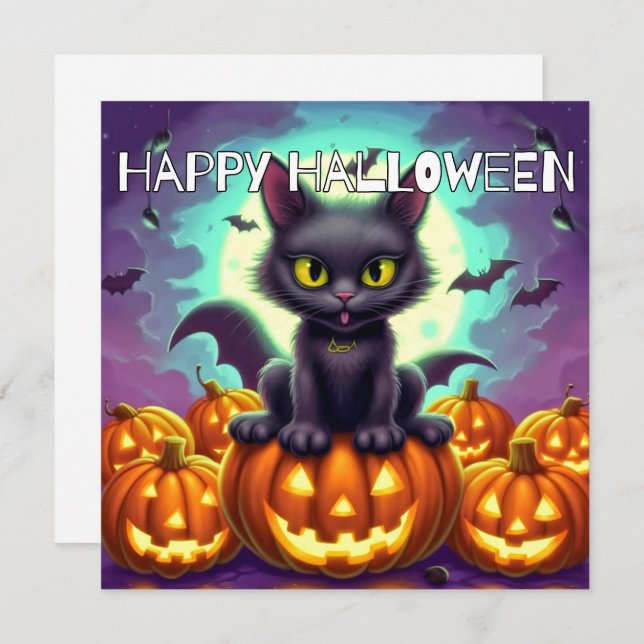 Happy Halloween Black Bat Cat Card (Front/Back)
