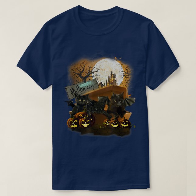 Happy Halloween Black Bat Cat In Coffin Scary Holi T-Shirt (Design Front)