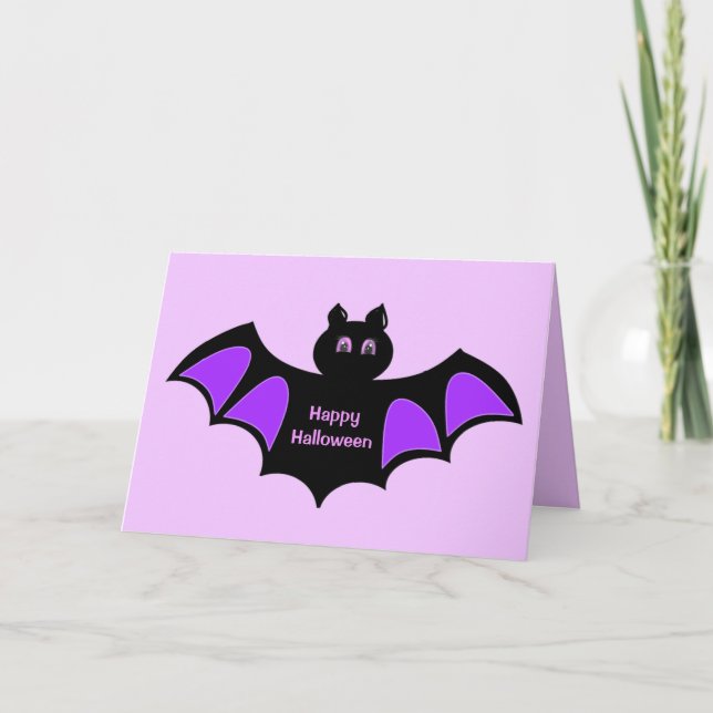 Happy Halloween Black Bat on Violet Greetings Card (Front)