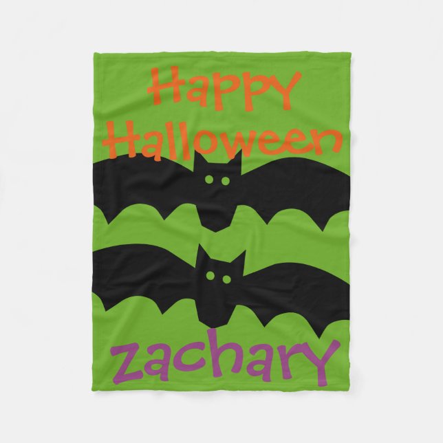 Happy Halloween Black Bats on Green Personalized Fleece Blanket (Front)