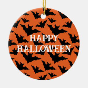Happy Halloween black bats orange spooky pattern Ceramic Ornament