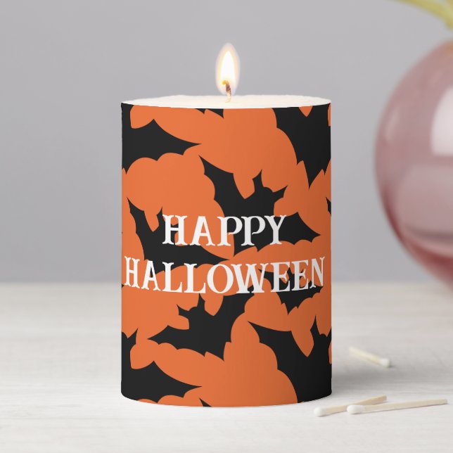 Happy Halloween black bats orange spooky pattern Pillar Candle (In Situ)