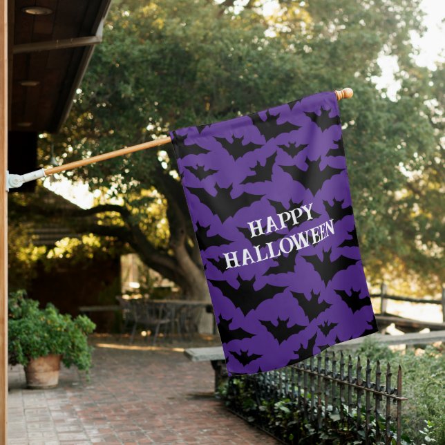 Happy Halloween black bats purple spooky pattern House Flag (In SItu)