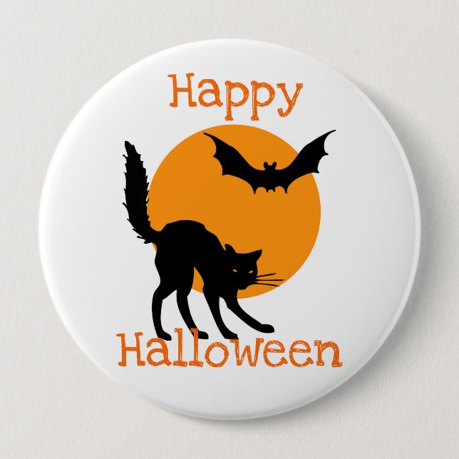 Happy Halloween Black Cat and Bat Button (Front)