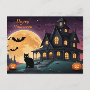 Happy Halloween Black Cat and Haunted House Holiday Postcard
