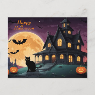 Happy Halloween Black Cat and Haunted House Holiday Postcard