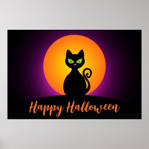 Happy Halloween Black Cat and Moon Poster