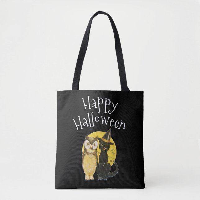 Happy Halloween, Black Cat and Owl Tote Bag (Front)
