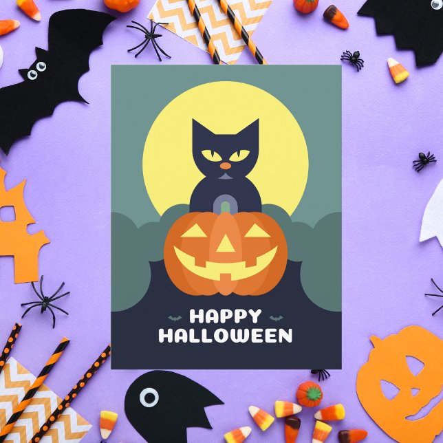 Happy Halloween Black Cat and Pumpkin Holiday Postcard (Creator Uploaded)