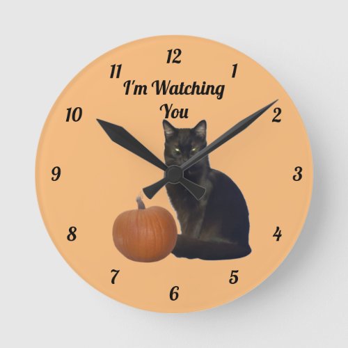 Happy Halloween Black Cat and Pumpkin Orange Round Clock