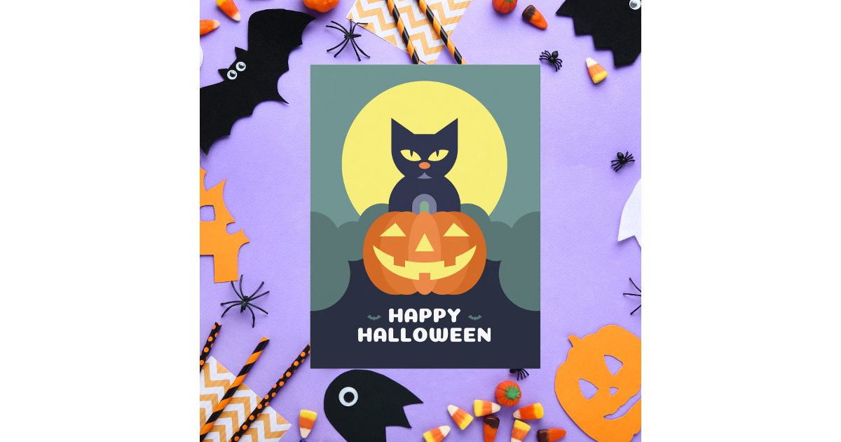 Happy Halloween Black Cat and Pumpkin Postcard | Zazzle