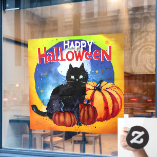 Happy Halloween Black Cat and Pumpkins Window Cling