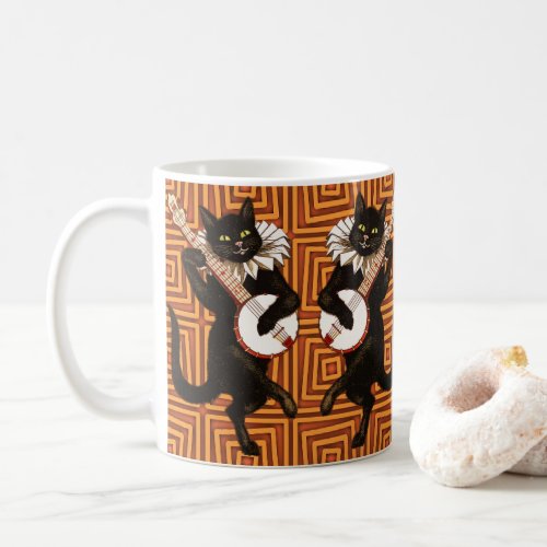 Happy Halloween Black Cat Banjo Orange Background Coffee Mug