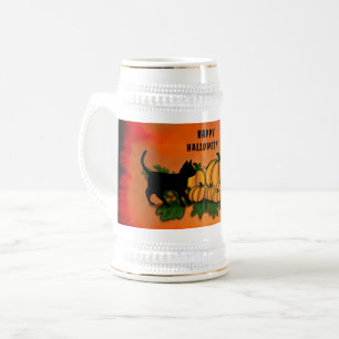 Happy Halloween , Black Cat , Bat and Pumpkin Beer Stein