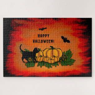 Happy Halloween , Black Cat , Bat and Pumpkin Jigsaw Puzzle