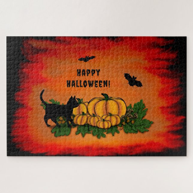 Happy Halloween , Black Cat , Bat and Pumpkin Jigsaw Puzzle (Horizontal)