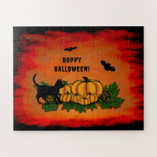 Happy Halloween , Black Cat , Bat and Pumpkin Jigsaw Puzzle