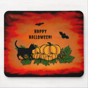 Happy Halloween , Black Cat , Bat and Pumpkin Mouse Pad