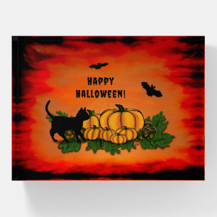 Happy Halloween , Black Cat , Bat and Pumpkin Paperweight