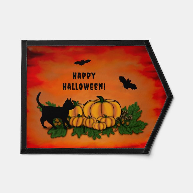 Happy Halloween , Black Cat , Bat and Pumpkin Pennant (Front)