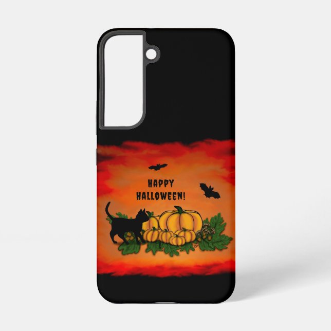 Happy Halloween , Black Cat , Bat and Pumpkin Samsung Galaxy Case (Back)