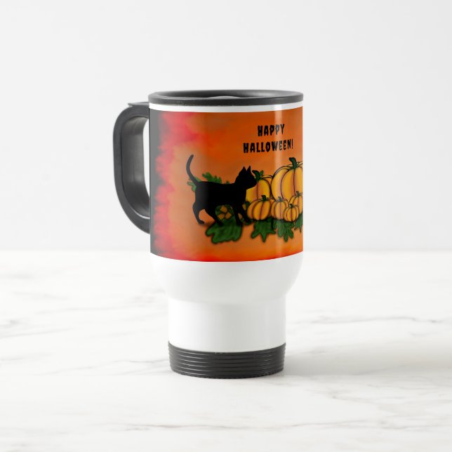 Happy Halloween , Black Cat , Bat and Pumpkin Travel Mug (Front Left)
