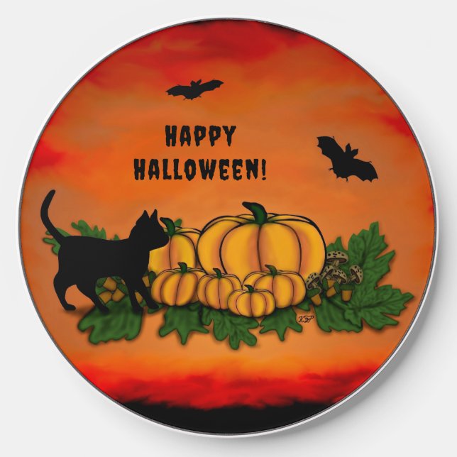 Happy Halloween , Black Cat , Bat and Pumpkin Wireless Charger (Front)