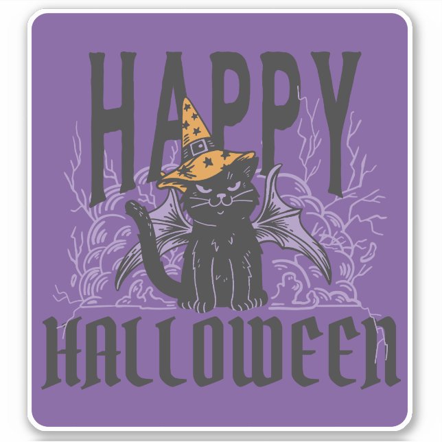 HAPPY HALLOWEEN BLACK CAT BAT WINGS  STICKER (Front)