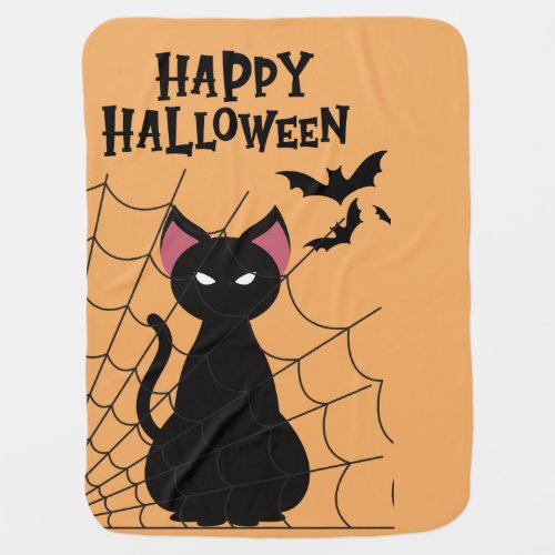 HAPPY HALLOWEEN Black Cat Bats and Web Baby Blanket