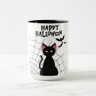HAPPY HALLOWEEN Black Cat, Bats and Web. Mug