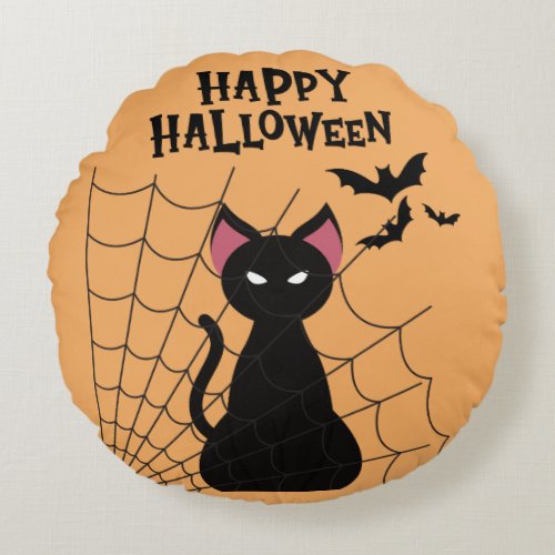 HAPPY HALLOWEEN Black Cat Bats and Web Round Pillow