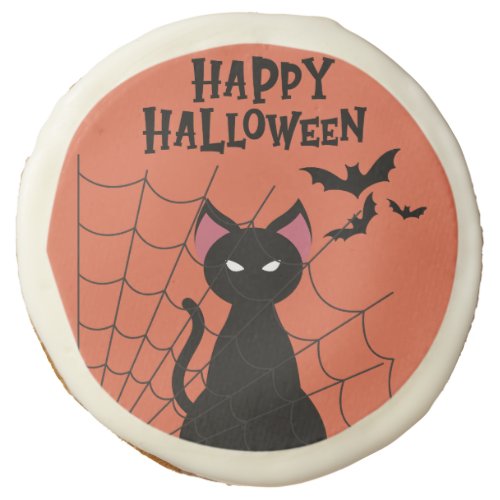 HAPPY HALLOWEEN Black Cat Bats and Web Sugar Cookie