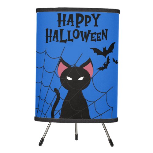 HAPPY HALLOWEEN Black Cat Bats and Web Tripod Lamp