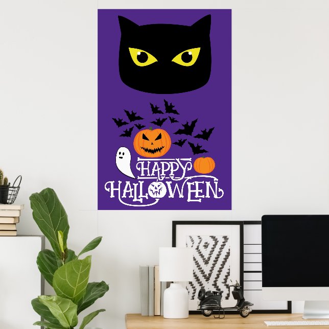 Happy Halloween black cat bats pumpkins on purple Poster (Home Office)