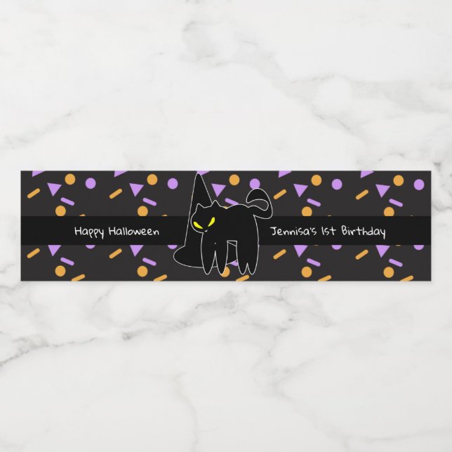 Happy Halloween Black Cat Birthday Water Bottle Label (Single Label)