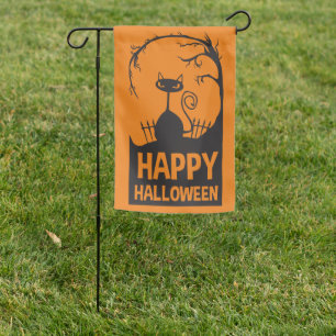 Happy Halloween Black Cat Black & Orange Garden Flag