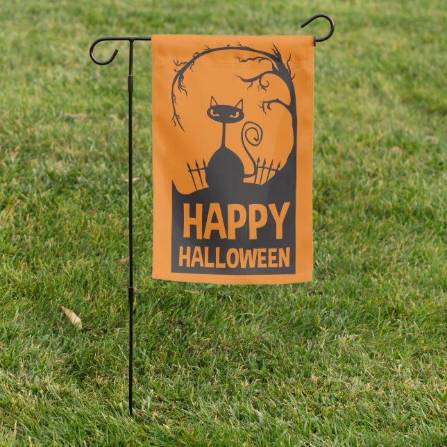 Happy Halloween Black Cat Black & Orange Garden Flag (In SItu)
