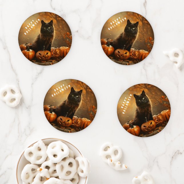 Happy Halloween Black Cat Collection Coaster Set (In Situ)