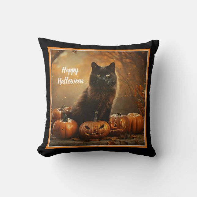 Happy Halloween Black Cat Collection Throw Pillow (Front)