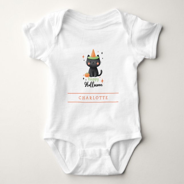 Happy Halloween Black Cat Custom Baby Bodysuit (Front)