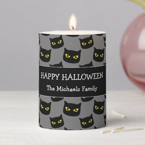 Happy Halloween black cat eyes Family name gray Pillar Candle