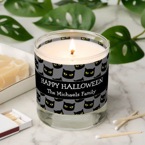 Happy Halloween black cat eyes Family name gray Scented Candle