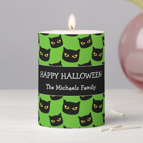 Happy Halloween black cat eyes Family name green Pillar Candle